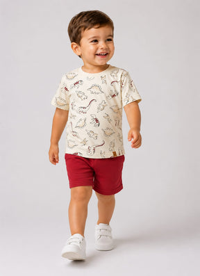 Conjunto Infantil Masculino Dinossauros com Blusa em Malha Penteada e Short em Moletom