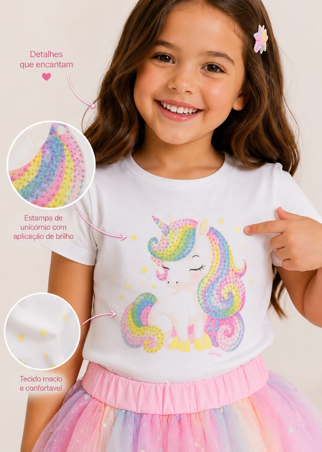 Conjunto Infantil Blusa Cotton com Saia de Tule e Aplicação de Strass