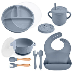 Kit 10 Peças de Alimentação Infantil – Pratos com Ventosa, Colher, Garfo, Copo Sippy, BPA Free e Cores Sólidas para Bebês