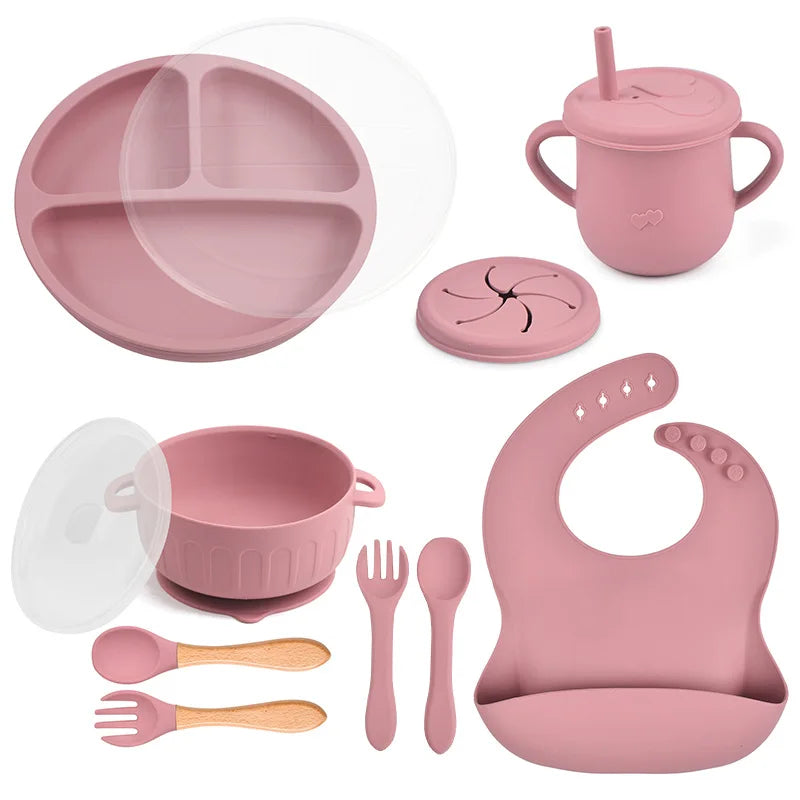 Kit 10 Peças de Alimentação Infantil – Pratos com Ventosa, Colher, Garfo, Copo Sippy, BPA Free e Cores Sólidas para Bebês