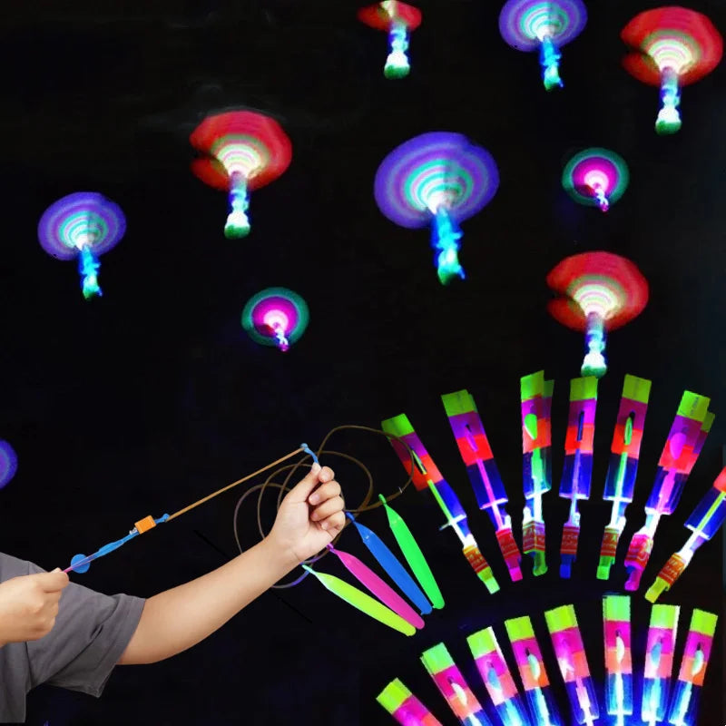 Brinquedo Rocket LED com Lançamento de Elástico – Brinquedo Voador de Helicóptero com Luzes, Divertido para Crianças e Festas