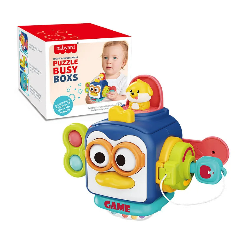 Brinquedo Montessori Busy Cube – Cubo Sensorial Educativo para Bebês, Atividade de Viagem e Desenvolvimento Motor Fino