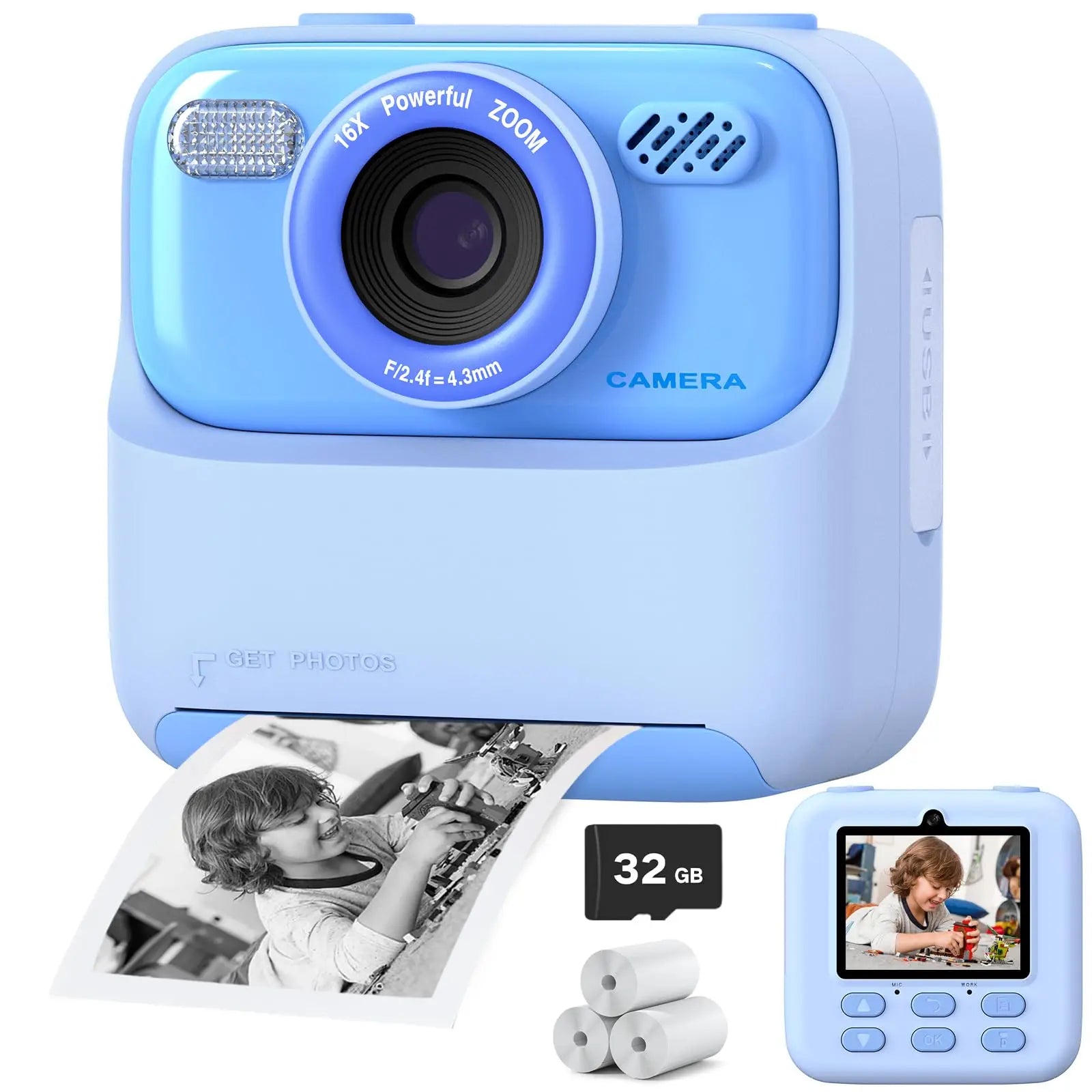 Câmera Infantil AMORUS Instantânea 1080P HD – Dual Lens, Selfie, Impressão com Papel e Cartão 32GB
