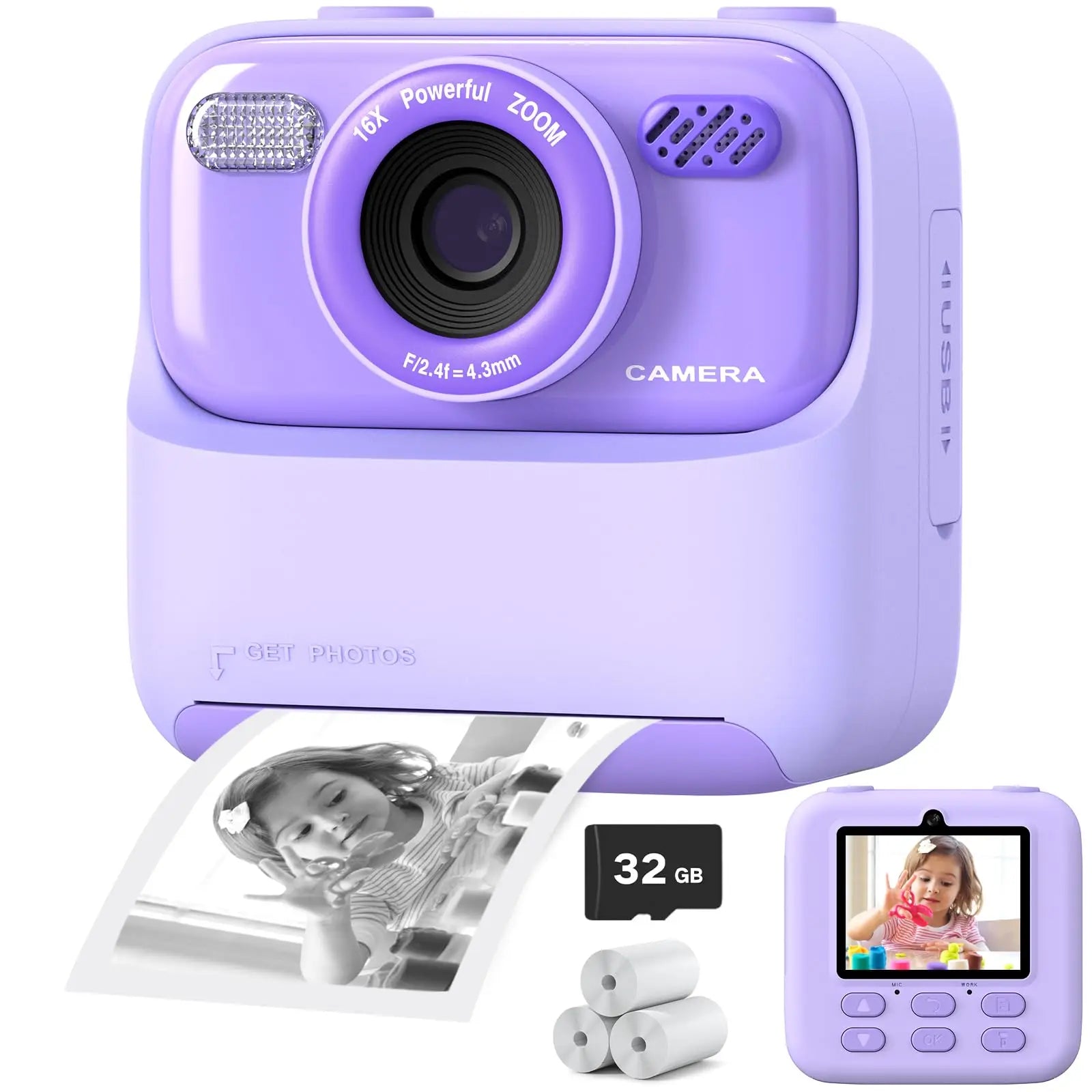 Câmera Infantil AMORUS Instantânea 1080P HD – Dual Lens, Selfie, Impressão com Papel e Cartão 32GB