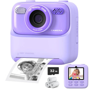 Câmera Infantil AMORUS Instantânea 1080P HD – Dual Lens, Selfie, Impressão com Papel e Cartão 32GB