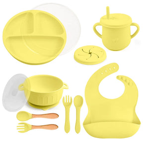 Kit 10 Peças de Alimentação Infantil – Pratos com Ventosa, Colher, Garfo, Copo Sippy, BPA Free e Cores Sólidas para Bebês