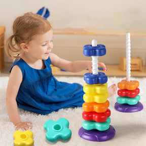 Brinquedo Montessori Torre Arco-Íris Rotativa – Empilhar e Encaixar, Jogo Educativo para Bebês e Crianças, Desenvolvimento Motor e Sensorial