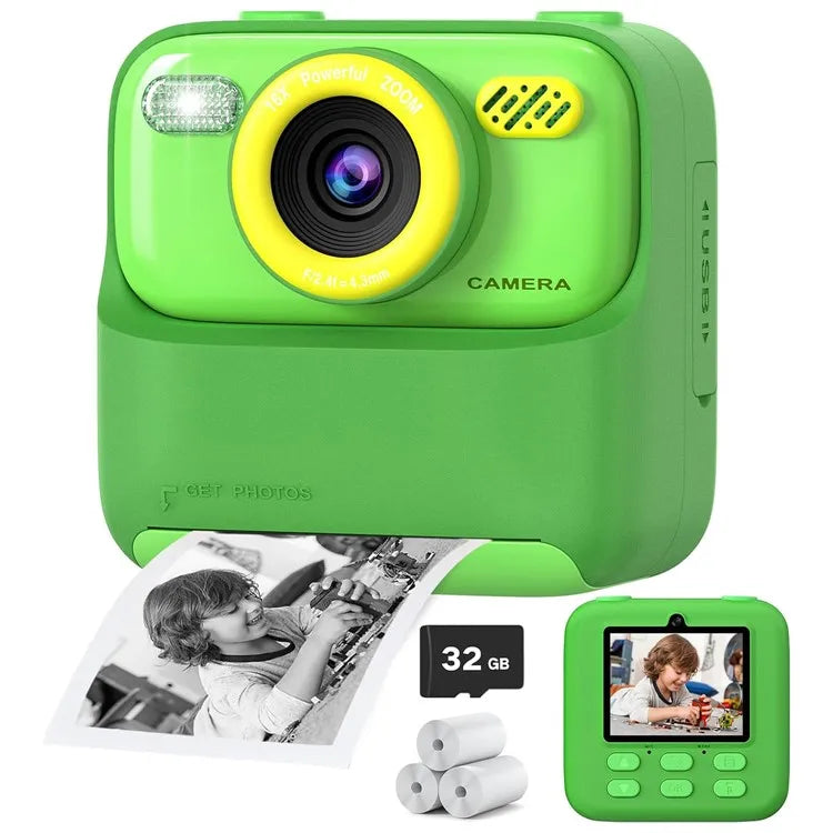 Câmera Infantil AMORUS Instantânea 1080P HD – Dual Lens, Selfie, Impressão com Papel e Cartão 32GB