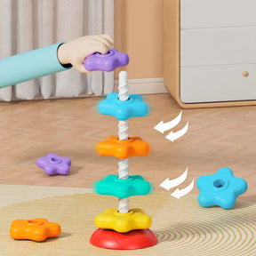 Brinquedo Montessori Torre Arco-Íris Rotativa – Empilhar e Encaixar, Jogo Educativo para Bebês e Crianças, Desenvolvimento Motor e Sensorial