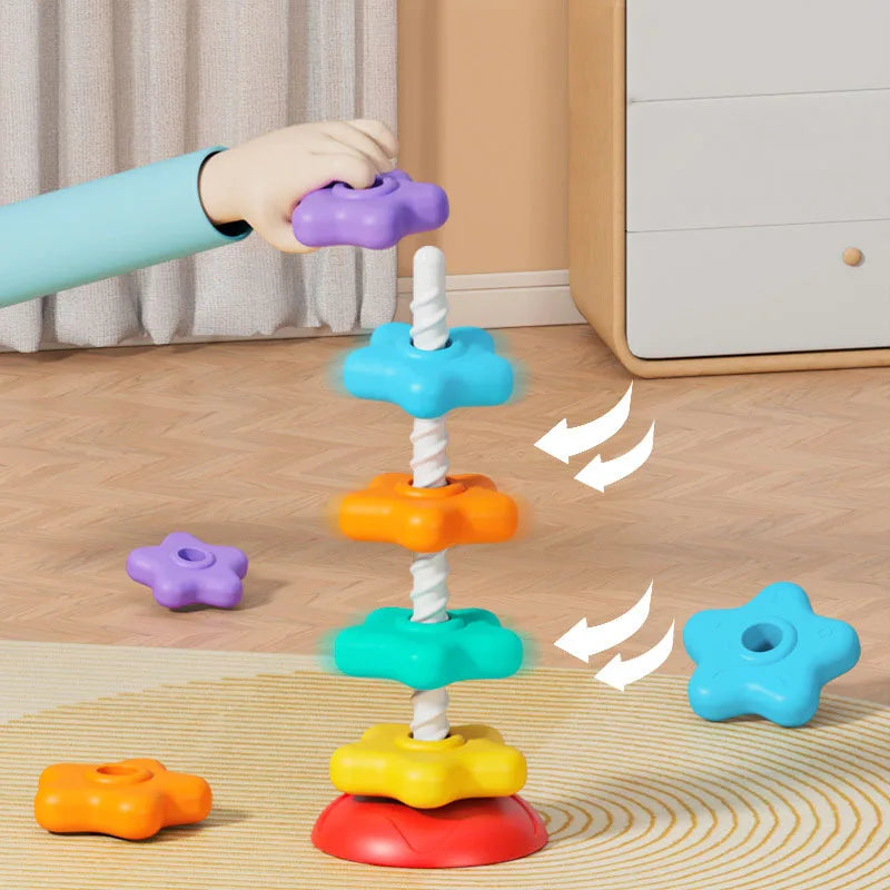 Brinquedo Montessori Torre Arco-Íris Rotativa – Empilhar e Encaixar, Jogo Educativo para Bebês e Crianças, Desenvolvimento Motor e Sensorial