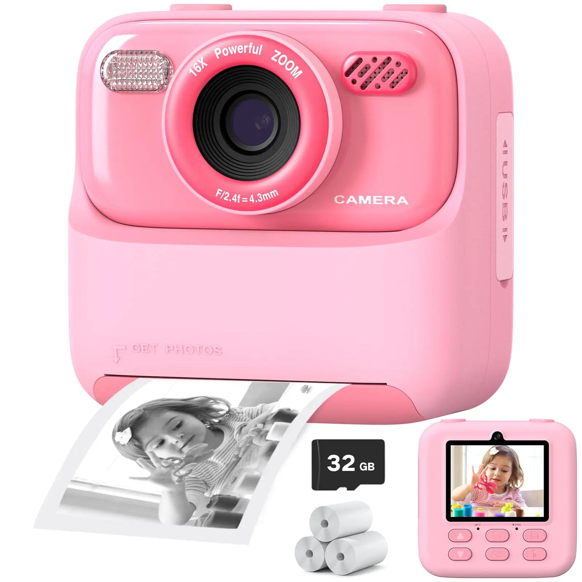 Câmera Infantil AMORUS Instantânea 1080P HD – Dual Lens, Selfie, Impressão com Papel e Cartão 32GB