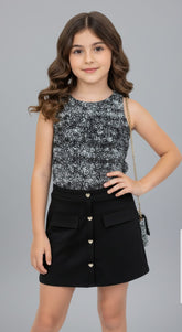 Conjunto Infantil KYLY Preto e Prata – Blusa e Saia Feminina Moderna, Confortável e Estilosa