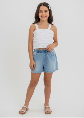 Conjunto Blusa e Short Jeans Gabriela Aquarela – Cropped Frufru com Cristais + Short Jeans Infantil