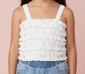 Conjunto Blusa e Short Jeans Gabriela Aquarela – Cropped Frufru com Cristais + Short Jeans Infantil