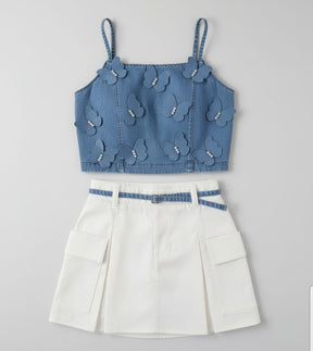 Conjunto Infantil Gabriela Aquarela Borboleta – Blusa e Saia Cargo Feminina Moderna, Delicada e Confortável