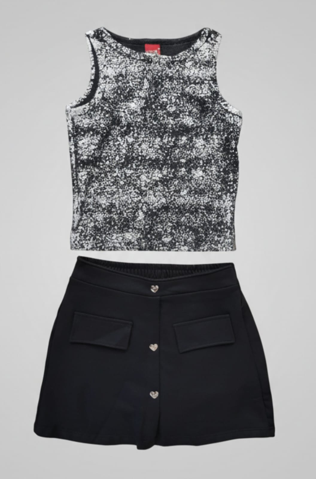 Conjunto Infantil KYLY Preto e Prata – Blusa e Saia Feminina Moderna, Confortável e Estilosa
