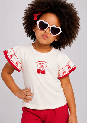 Conjunto Infantil Feminino Blusa e Short em Malha Nikko Estampa Cerejas