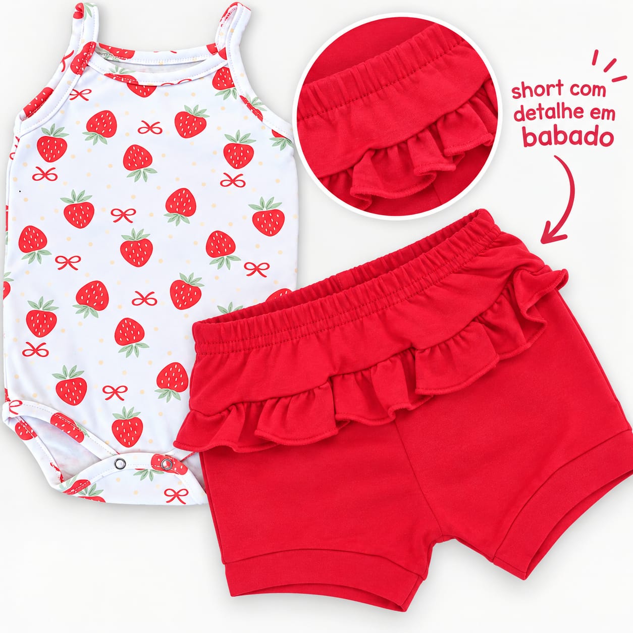 CONJUNTO BEBÊ BODY REGATA + SHORT COM BABADOS ESTAMPA MORANGO