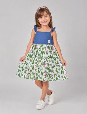 Vestido Infantil em Cotton e Jeans com Estampa Tropical