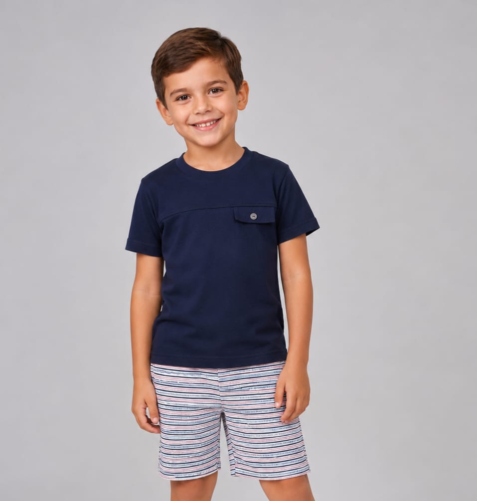 Conjunto Infantil Masculino Camiseta em Meia Malha Penteada e Short em Malha Piquet Confort