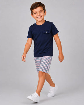 Conjunto Infantil Masculino Camiseta em Meia Malha Penteada e Short em Malha Piquet Confort