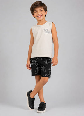 Conjunto Infantil Masculino Regata em Malha Penteada com Short em Moletom Game