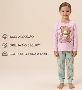 Pijama Infantil Feminino Ursinha – 100% Algodão | Brilha no Escuro