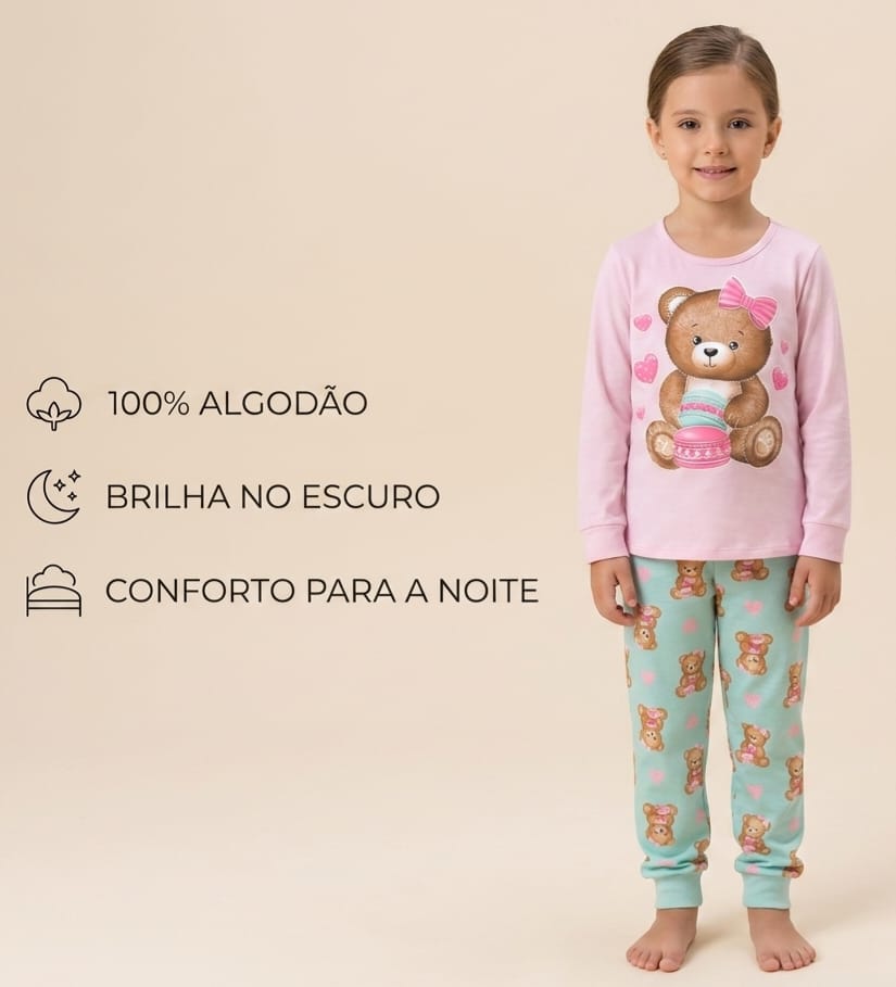 Pijama Infantil Feminino Ursinha – 100% Algodão | Brilha no Escuro