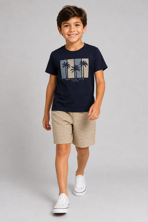 Conjunto Infantil Masculino Camiseta Meia Malha Penteada com Short em Moletom