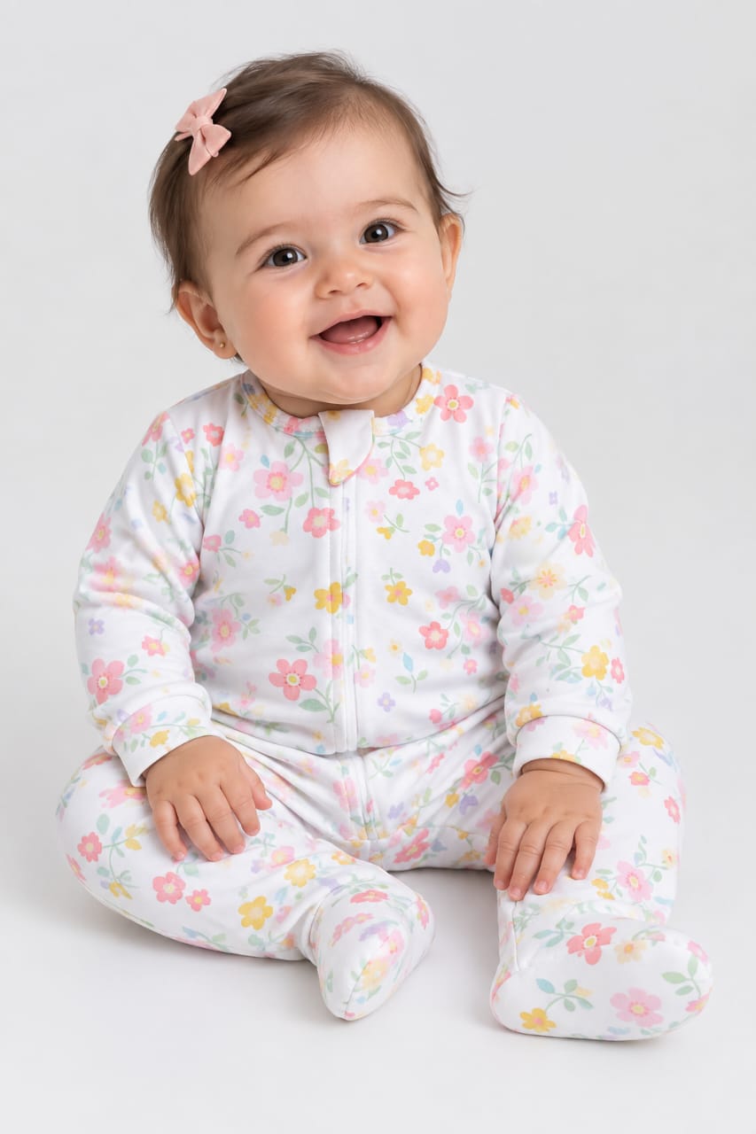 MACACÃO BEBÊ FLORAL COM ZÍPER 100% ALGODÃO MALHA PREMIUM