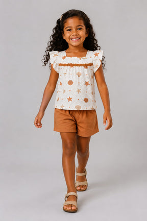 Conjunto Infantil Feminino Blusa em Malha Nikko com Short em Moletom Estampa Marinha