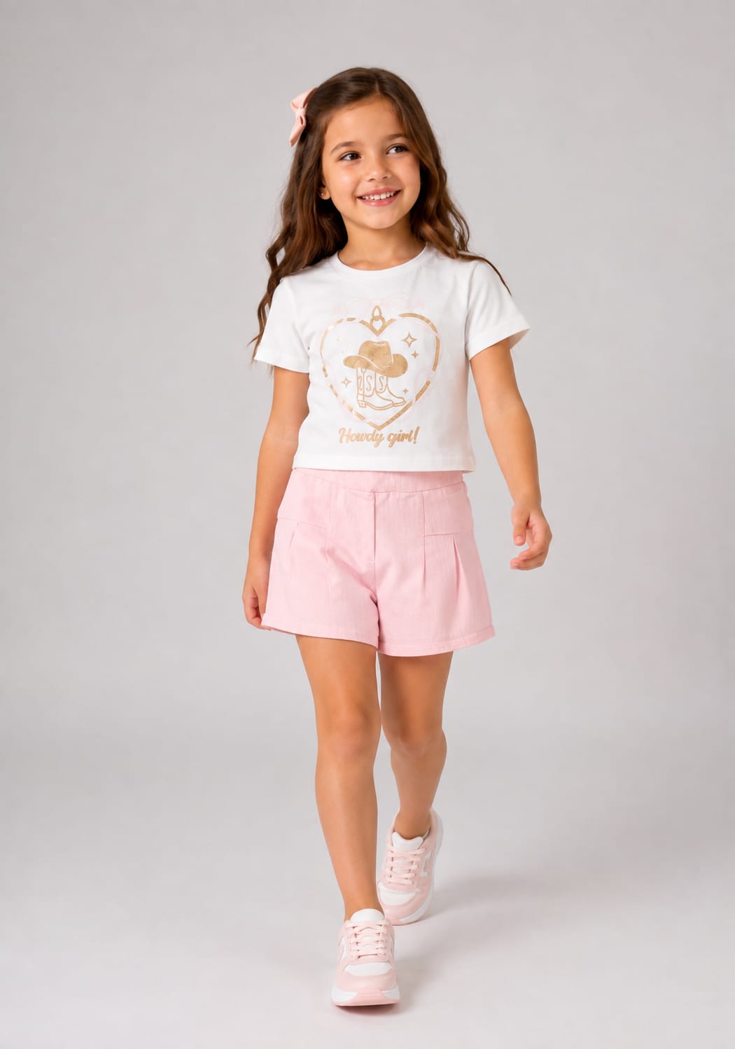 Conjunto Infantil Feminino Blusa e Short "Howdy Girl!" Rosa