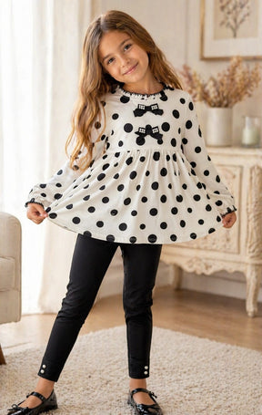 Conjunto Infantil Feminino Poá com Laços e Legging Preta