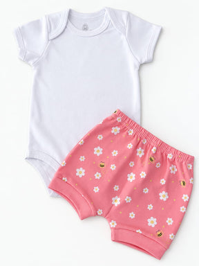 KIT BEBÊ 3 PEÇAS 2 BODIES + SHORT ESTAMPA ABELHINHA