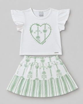 Conjunto Infantil Feminino Blusa em Malha Nikko e Saia com Short Interno