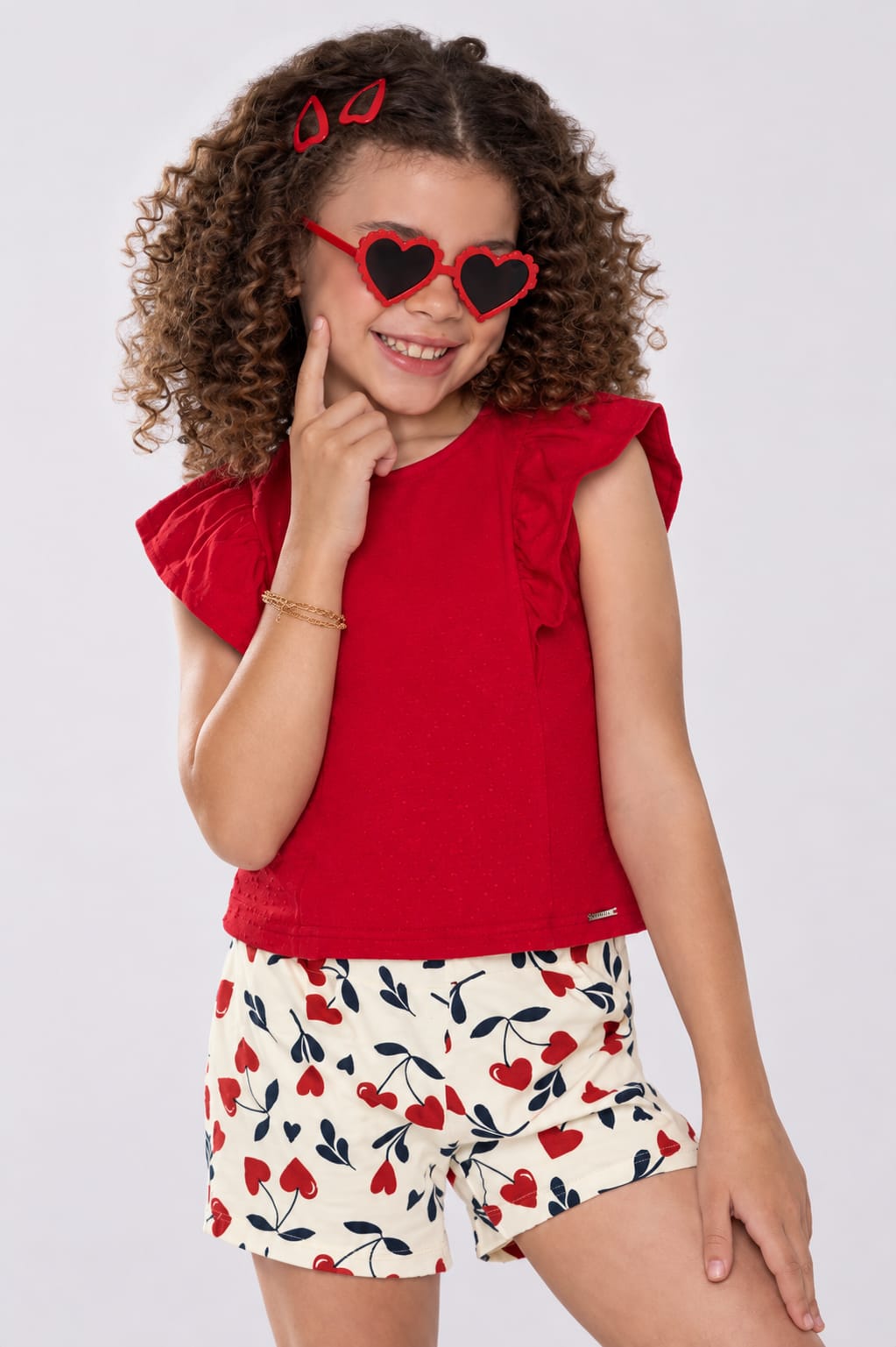 Conjunto Infantil Feminino Blusa com Babados e Short Estampado Corações