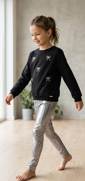 Conjunto Moletom e Legging Prateada Laço Infantil