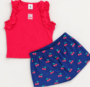 CONJUNTO INFANTIL MENINA BLUSA RIBANA COM BABADOS E SHORT SAIA DE CEREJAS