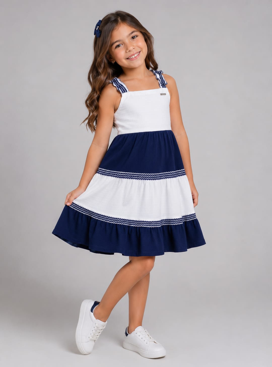 Vestido Infantil em Malha Nikko Bicolor com Alças e Laço Decorativo