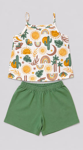 Conjunto Infantil Feminino Regata Estampada em Meia Malha Penteada com Short em Moletom