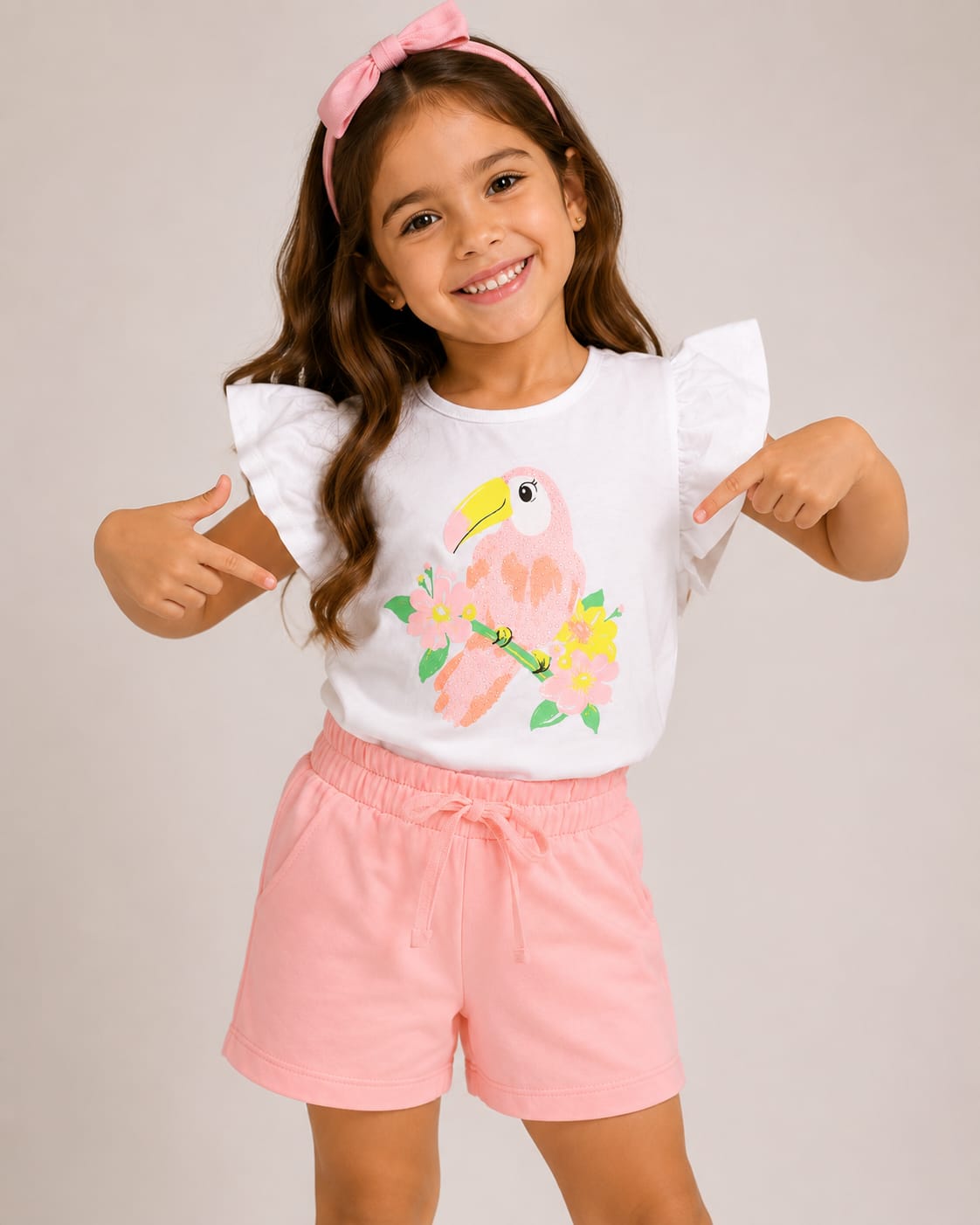 Conjunto Infantil Feminino Blusa com Estampa de Tucano e Short Molecotton