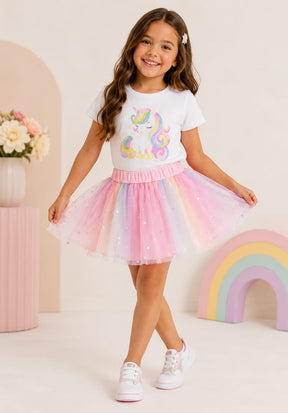Conjunto Infantil Blusa Cotton com Saia de Tule e Aplicação de Strass