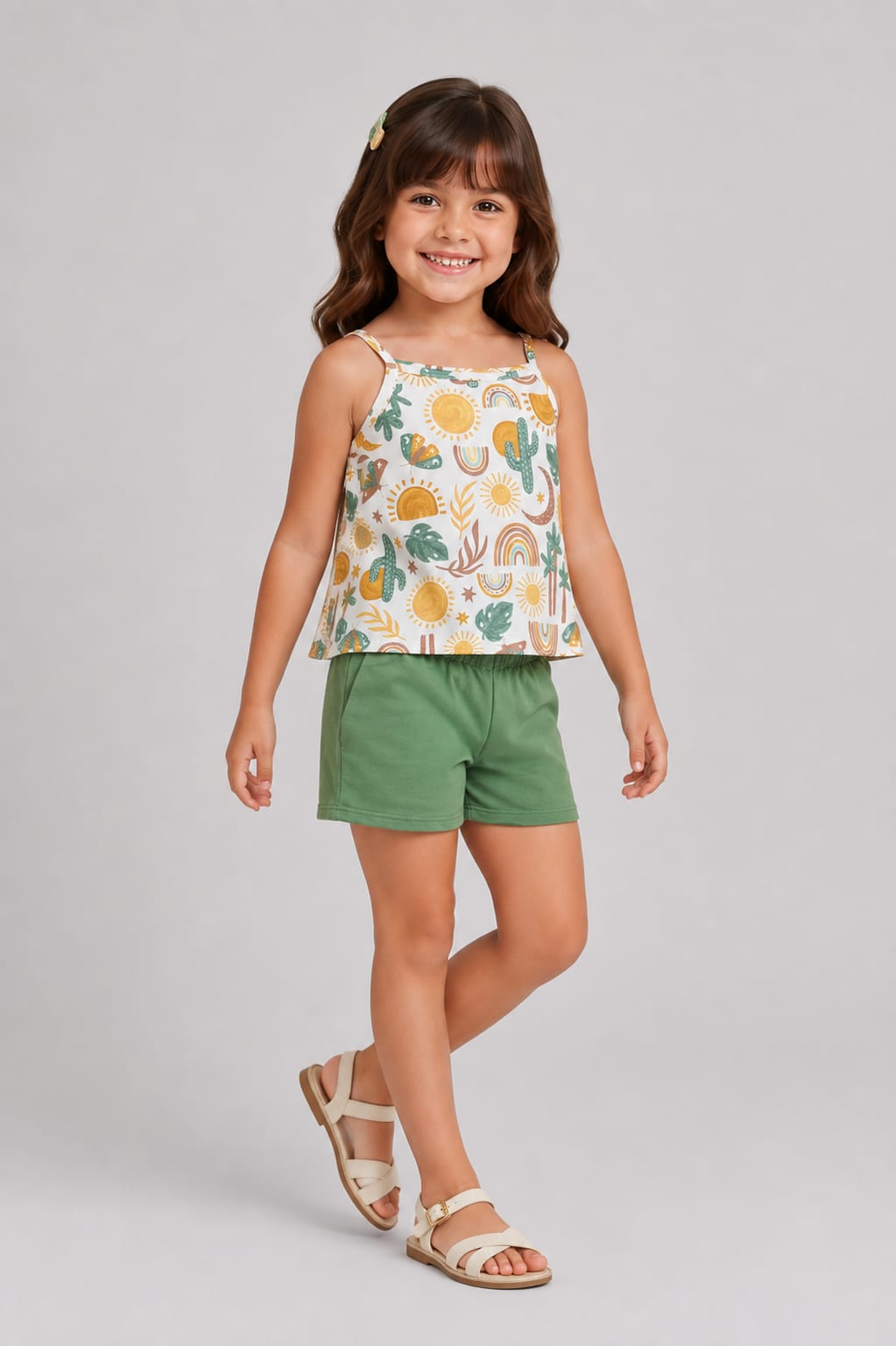 Conjunto Infantil Feminino Regata Estampada em Meia Malha Penteada com Short em Moletom