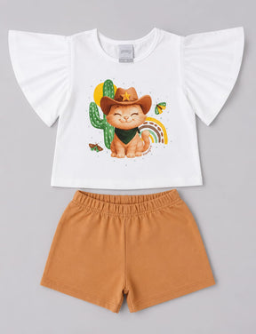 Conjunto Infantil Feminino Blusa em Malha Penteada com Short em Moletom
