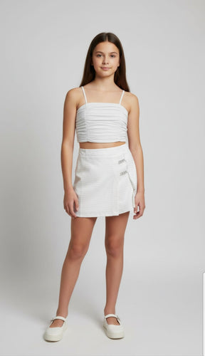 Conjunto PinkX Brilho Teen com Cropped em Tule Prata e Short Saia com Strass