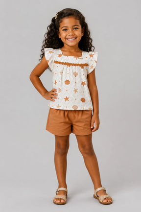 Conjunto Infantil Feminino Blusa em Malha Nikko com Short em Moletom Estampa Marinha