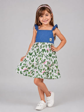 Vestido Infantil em Cotton e Jeans com Estampa Tropical