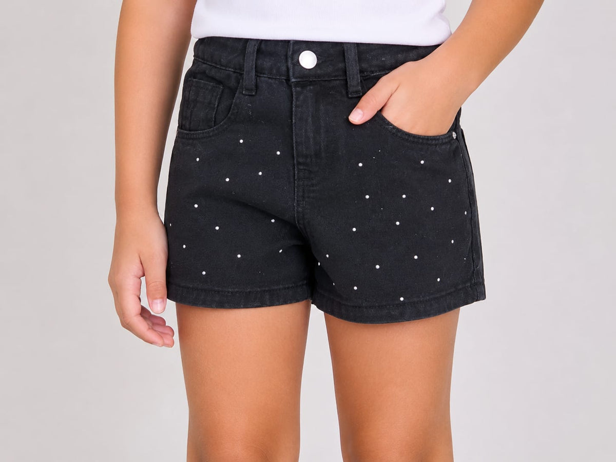 Short Infantil Menina Jeans Preto com Ponto de Luz