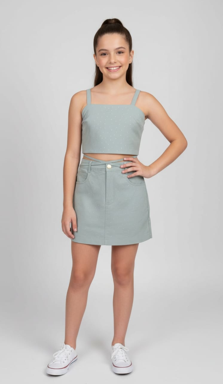 Conjunto PinkX Estilo em Sarja – Cropped com Pontos de Luz e Short Saia com Amarração