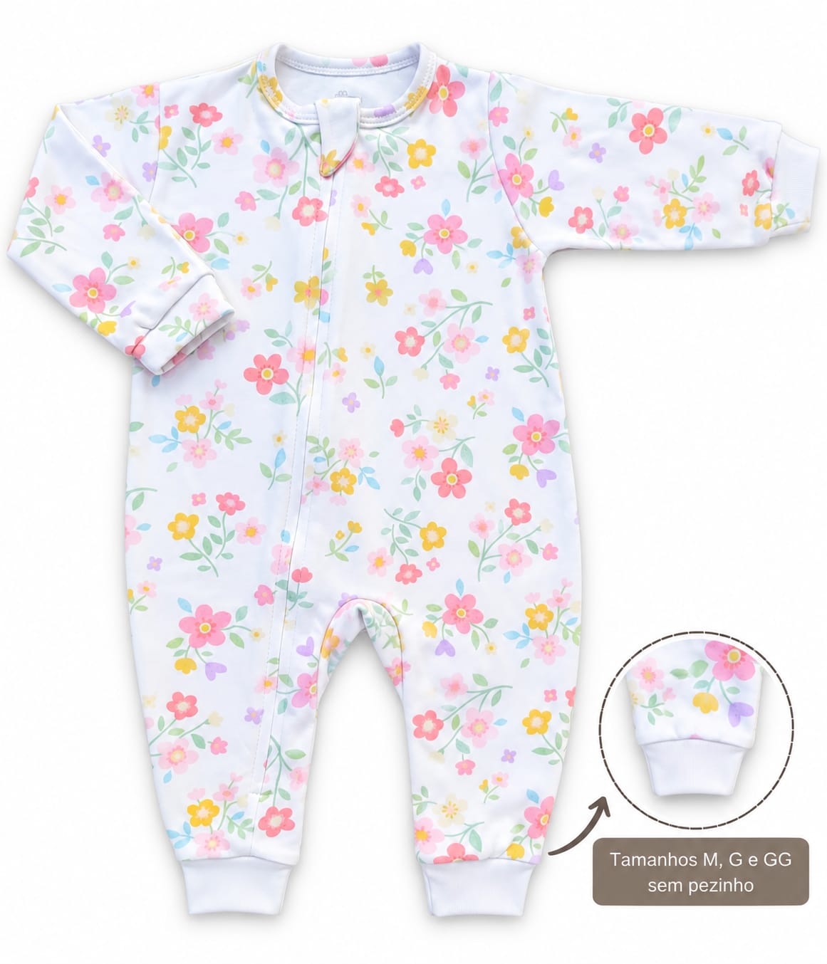 MACACÃO BEBÊ FLORAL COM ZÍPER 100% ALGODÃO MALHA PREMIUM